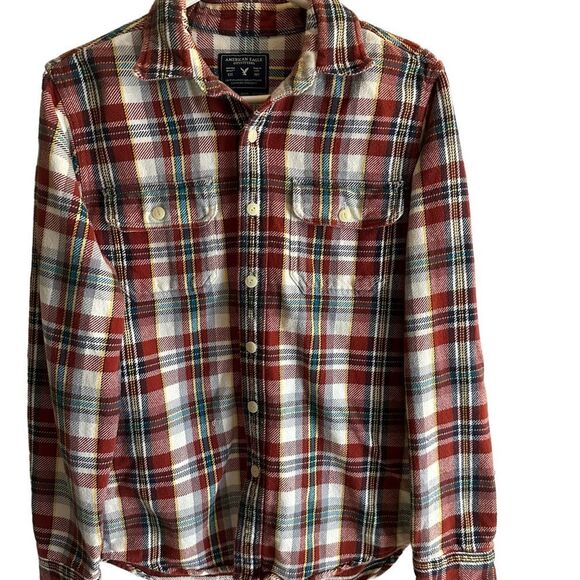 AMERICAN EAGLE WOMEN'S FLANNEL SHIRT RED PLAID VINTAGE BOYFRIEND BUTTON UP SZ SM - Picture 2 of 9